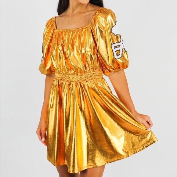 Fantastic Fawn Metallic Gold Sequin Helmet Puff Sleeve Touchdown Mini Dress - Picture 3 of 17